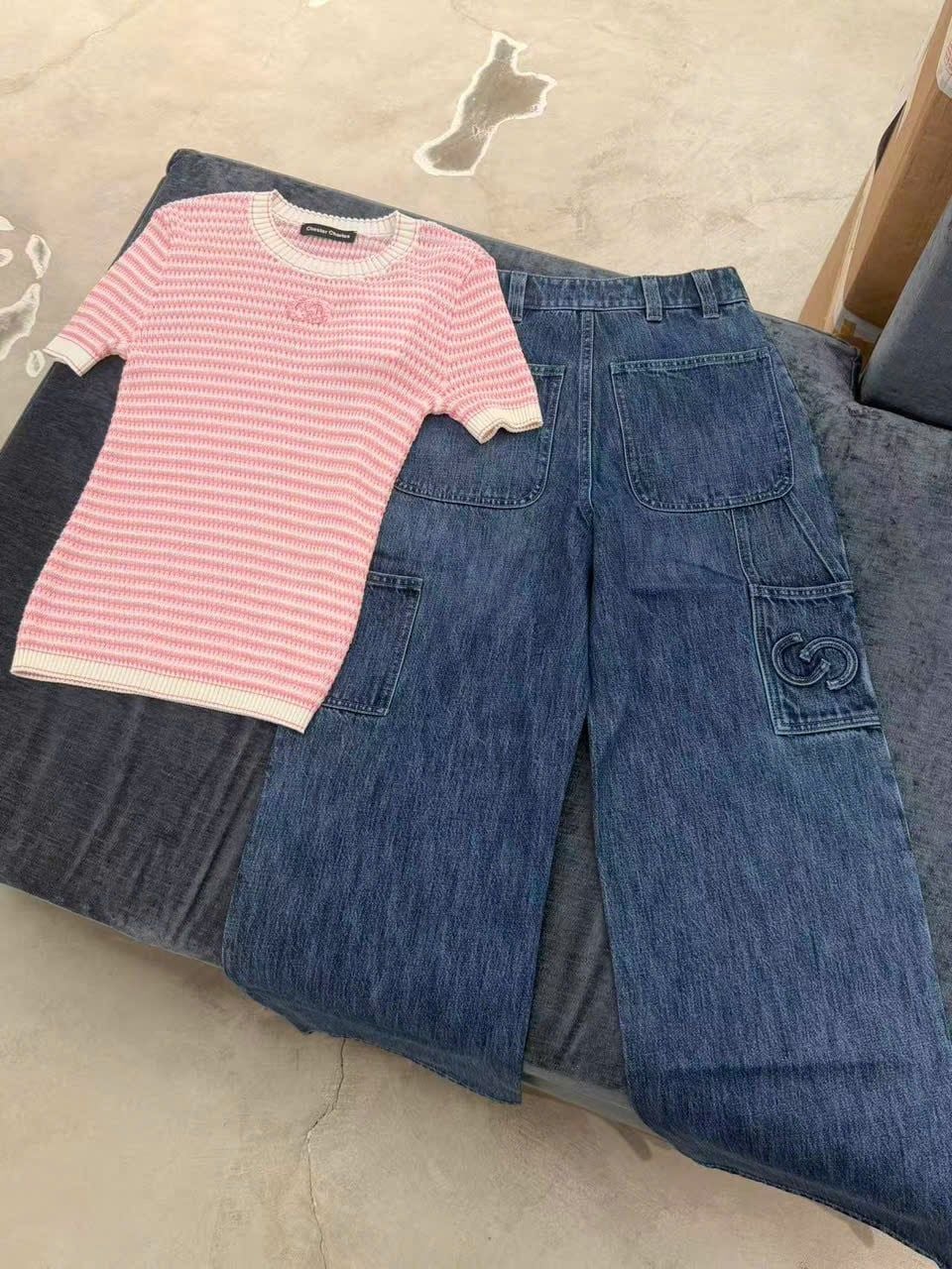  Quần Jeans ống suông xanh denim túi chéo 