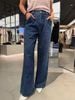  Quần Jeans ống suông xanh denim túi chéo 