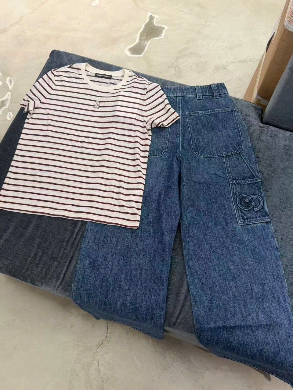  Quần Jeans ống suông xanh denim túi chéo 