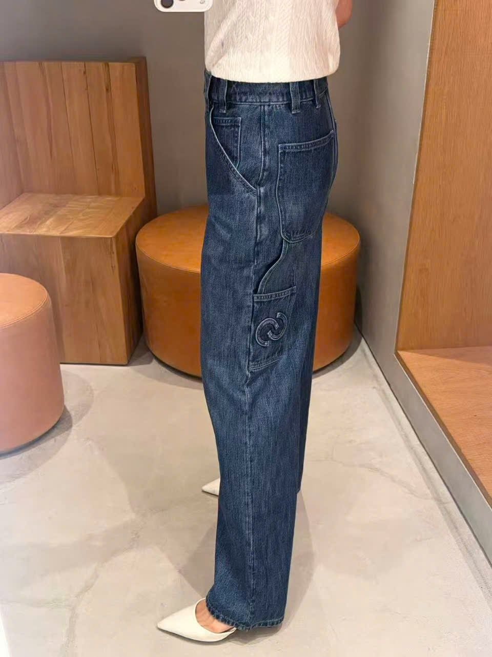  Quần Jeans ống suông xanh denim túi chéo 