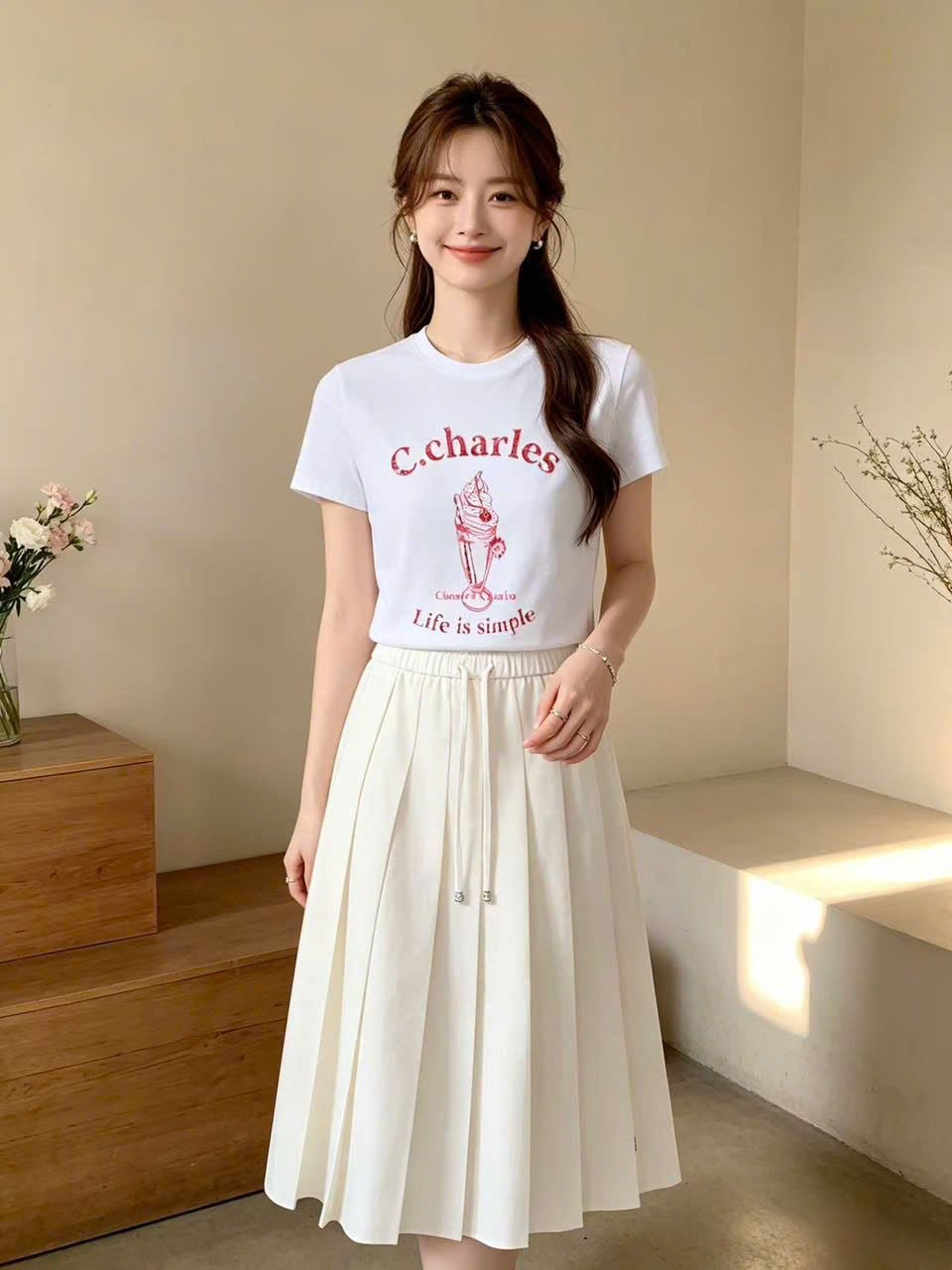  Áo T-shirt Trắng in hình ly kem chữ đỏ 