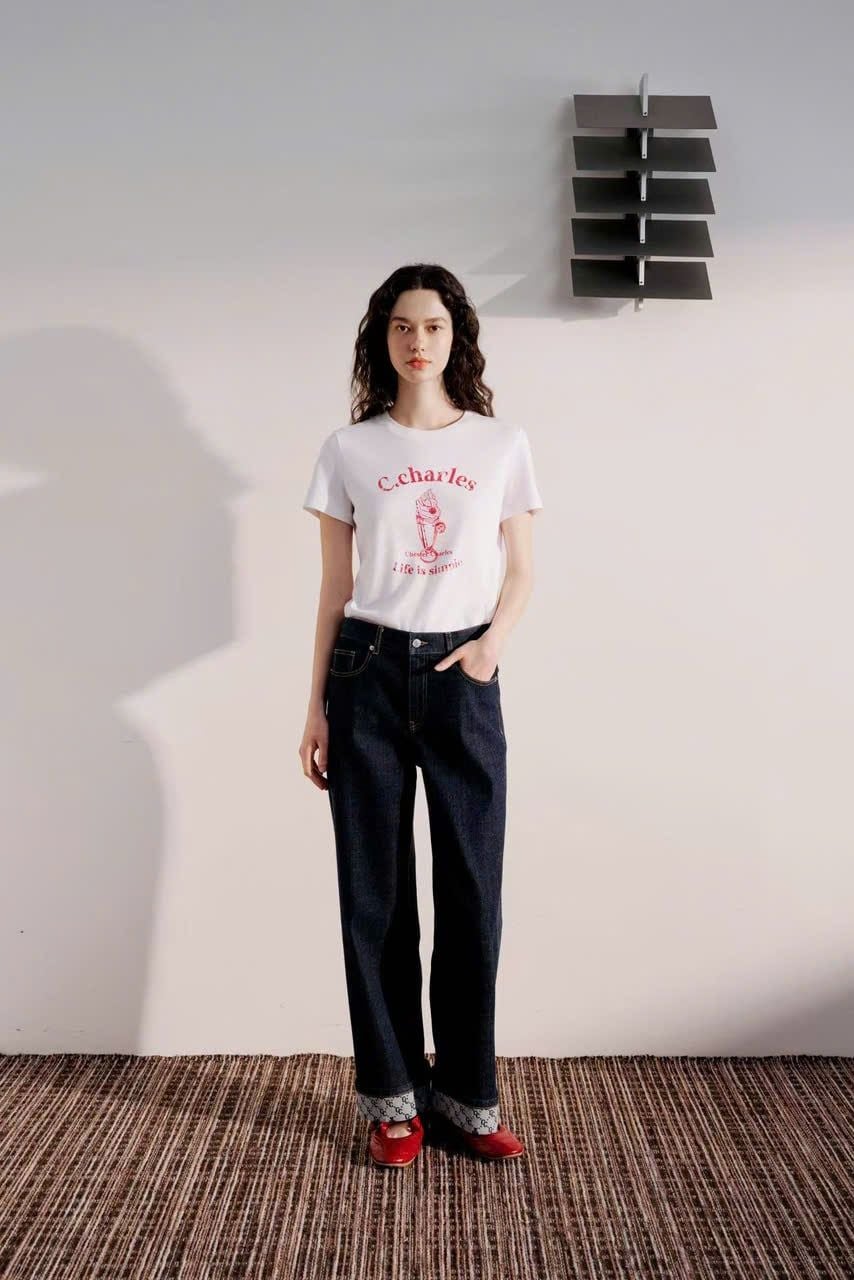 Áo T-shirt Trắng in hình ly kem chữ đỏ 