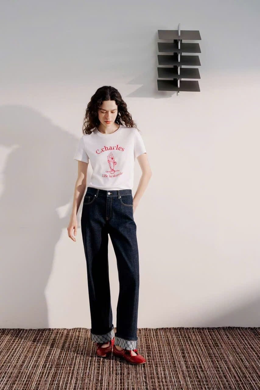  Áo T-shirt Trắng in hình ly kem chữ đỏ 