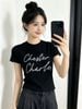  Áo thun cổ tròn Đen Logo chữ nổi ánh kim 