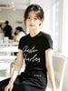  Áo thun cổ tròn Đen Logo chữ nổi ánh kim 