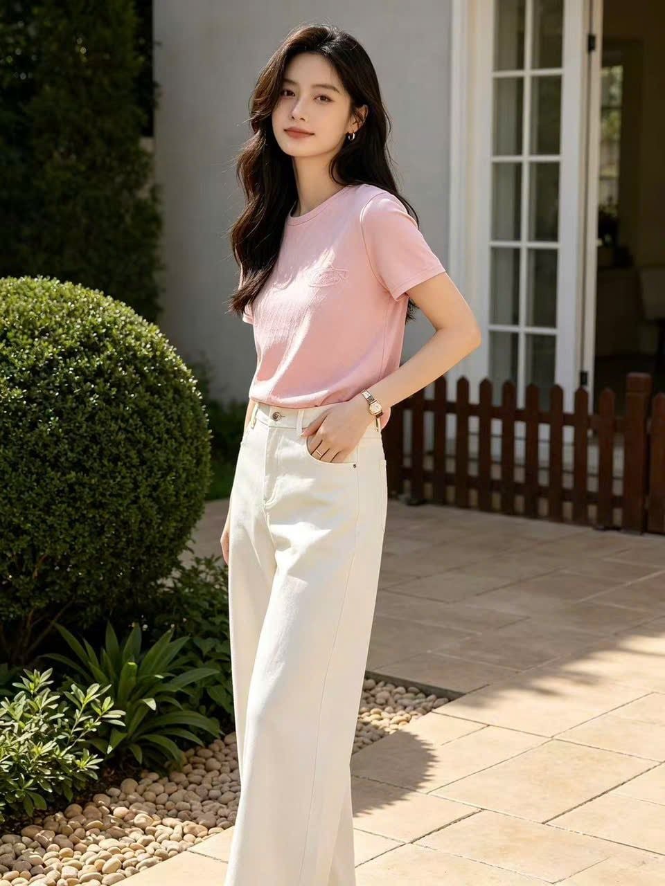  1.Áo T- hồng trám, logo ngực nơ ngực trái 