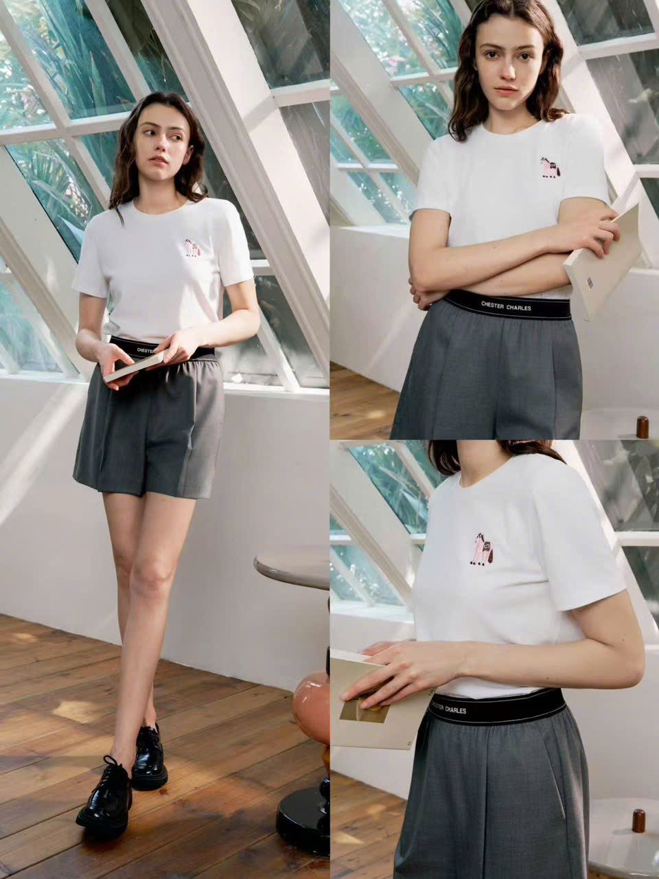 Quần sooc vải xám, cạp chun đen chữ CC 
