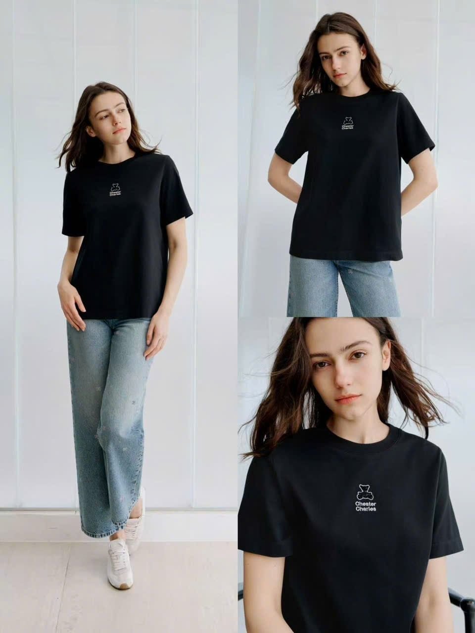  Áo thun đen thêu logo gấu 