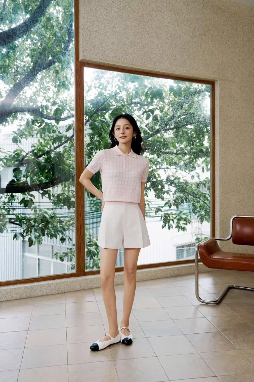  Áo Polo hồng pastel dệt kim 