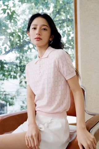  Áo Polo hồng pastel dệt kim 