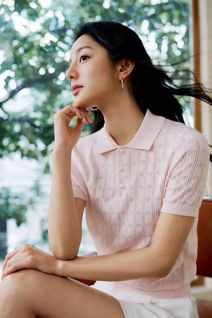  Áo Polo hồng pastel dệt kim 