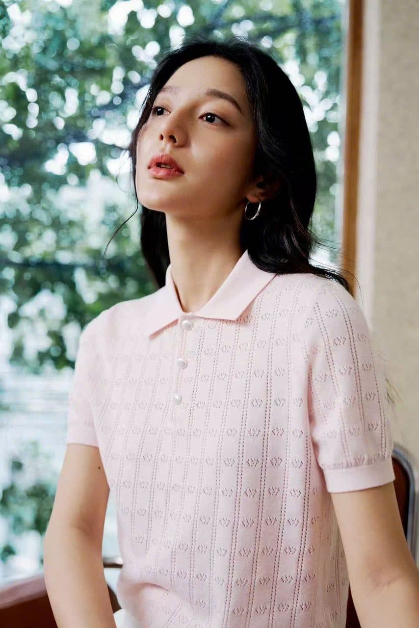  Áo Polo hồng pastel dệt kim 