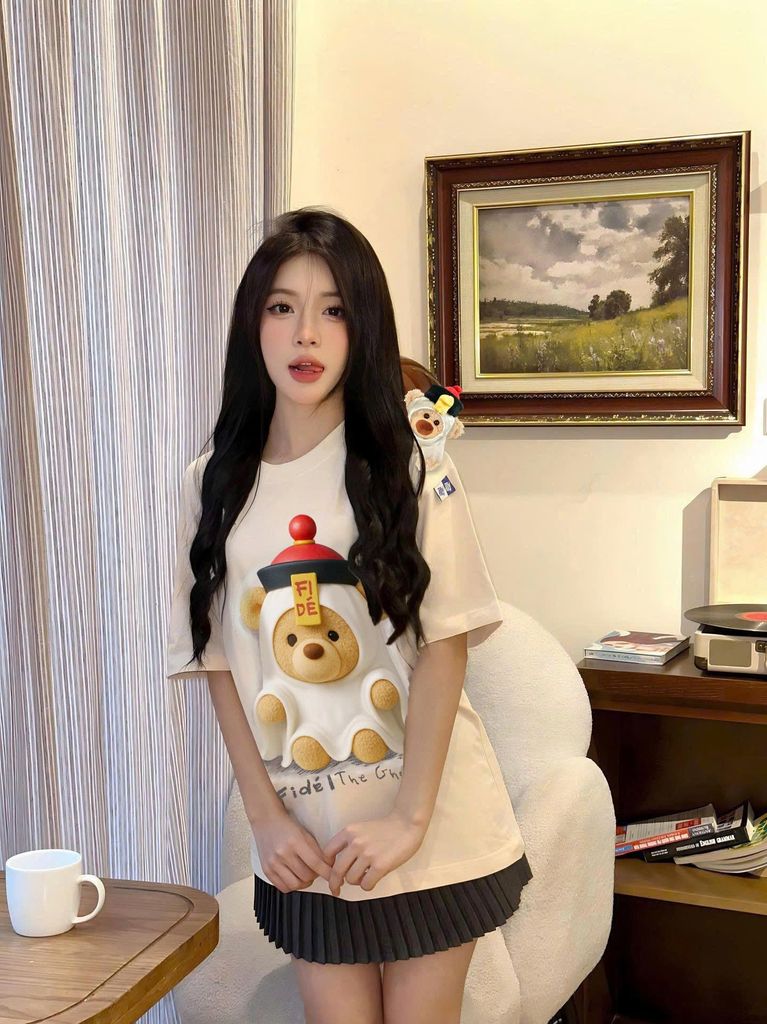 Áo thun FIDE TEEDY phông cotton unisex nam nữ form rộng cổ tròn áo đính gấu - AT216 (TẶNG KÈM GẤU)