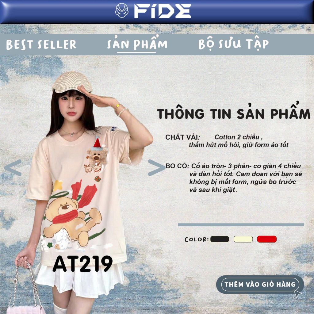Áo thun JoyBear FIDE TEEDY phông cotton unisex nam nữ Form rộng cổ tròn áo đính gấu - AT219( KÈM GẤU)