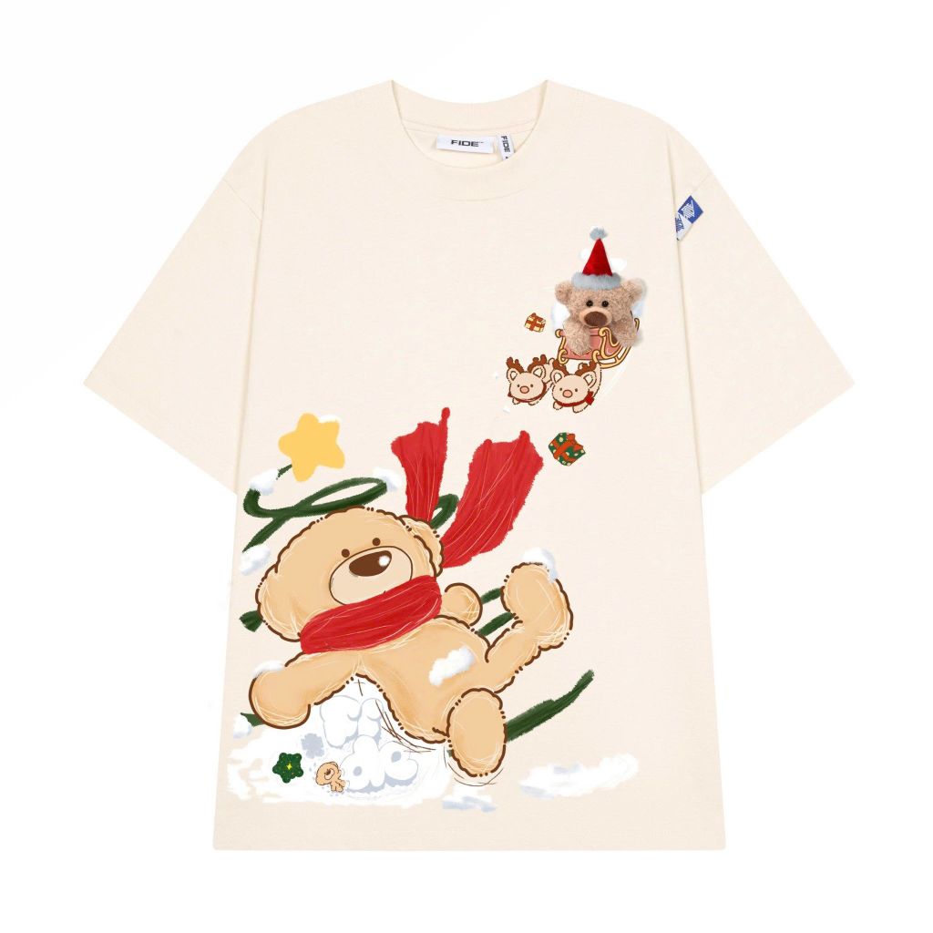 Áo thun JoyBear FIDE TEEDY phông cotton unisex nam nữ Form rộng cổ tròn áo đính gấu - AT219( KÈM GẤU)