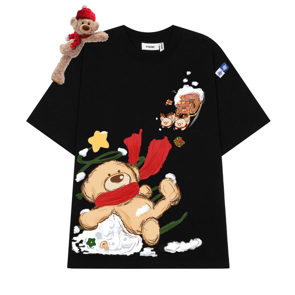 Áo thun JoyBear FIDE TEEDY phông cotton unisex nam nữ Form rộng cổ tròn áo đính gấu - AT224(KÈM GẤU)