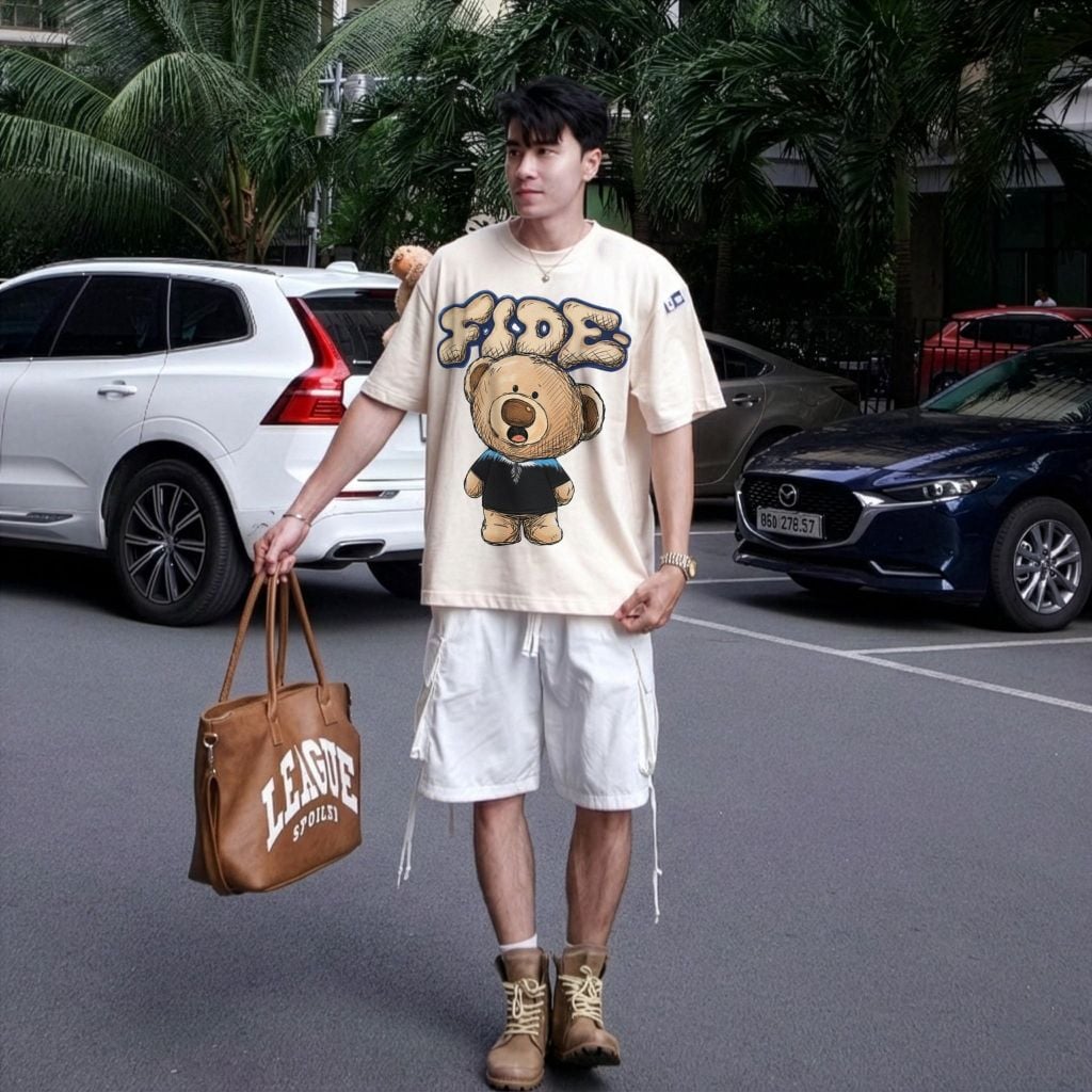 Áo thun FIDE TEEDY phông cotton unisex nam nữ form rộng cổ tròn áo đính gấu - AT254 (Kèm gấu)