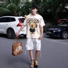 Áo thun FIDE TEEDY phông cotton unisex nam nữ form rộng cổ tròn áo đính gấu - AT254 (Kèm gấu)