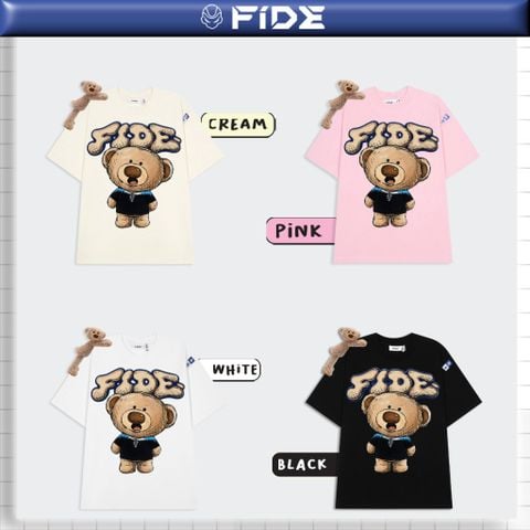 Áo thun FIDE TEEDY phông cotton unisex nam nữ form rộng cổ tròn áo đính gấu - AT254 (Kèm gấu)