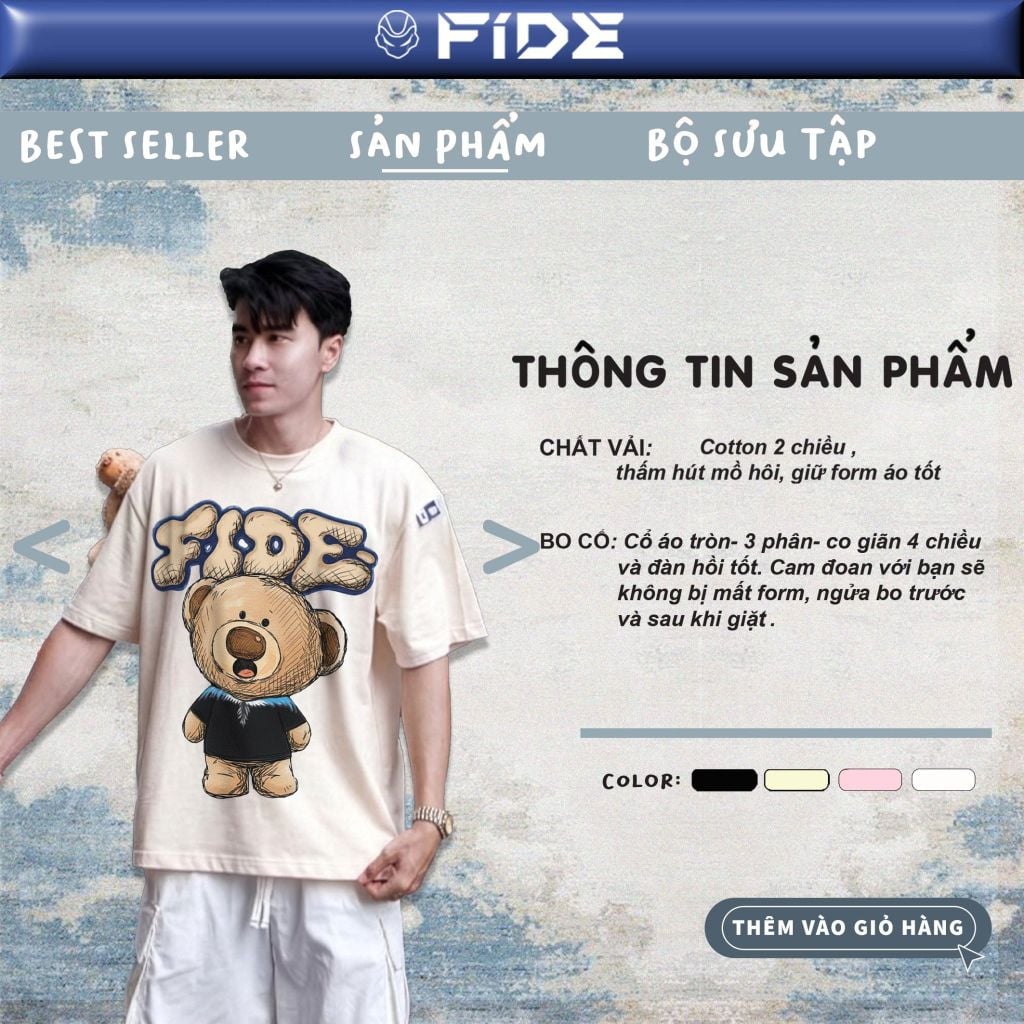 Áo thun FIDE TEEDY phông cotton unisex nam nữ form rộng cổ tròn áo đính gấu - AT254 (Kèm gấu)