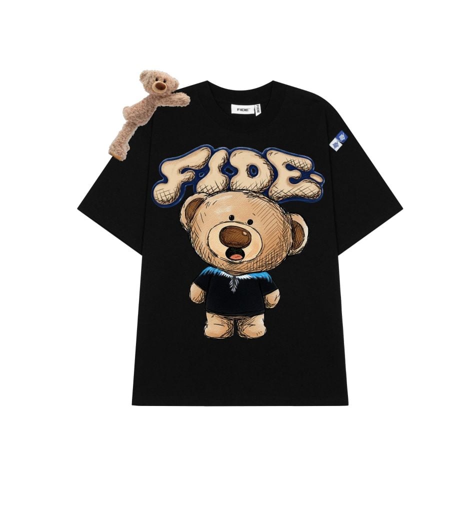 Áo thun FIDE TEEDY phông cotton unisex nam nữ form rộng cổ tròn áo đính gấu - AT254 (Kèm gấu)