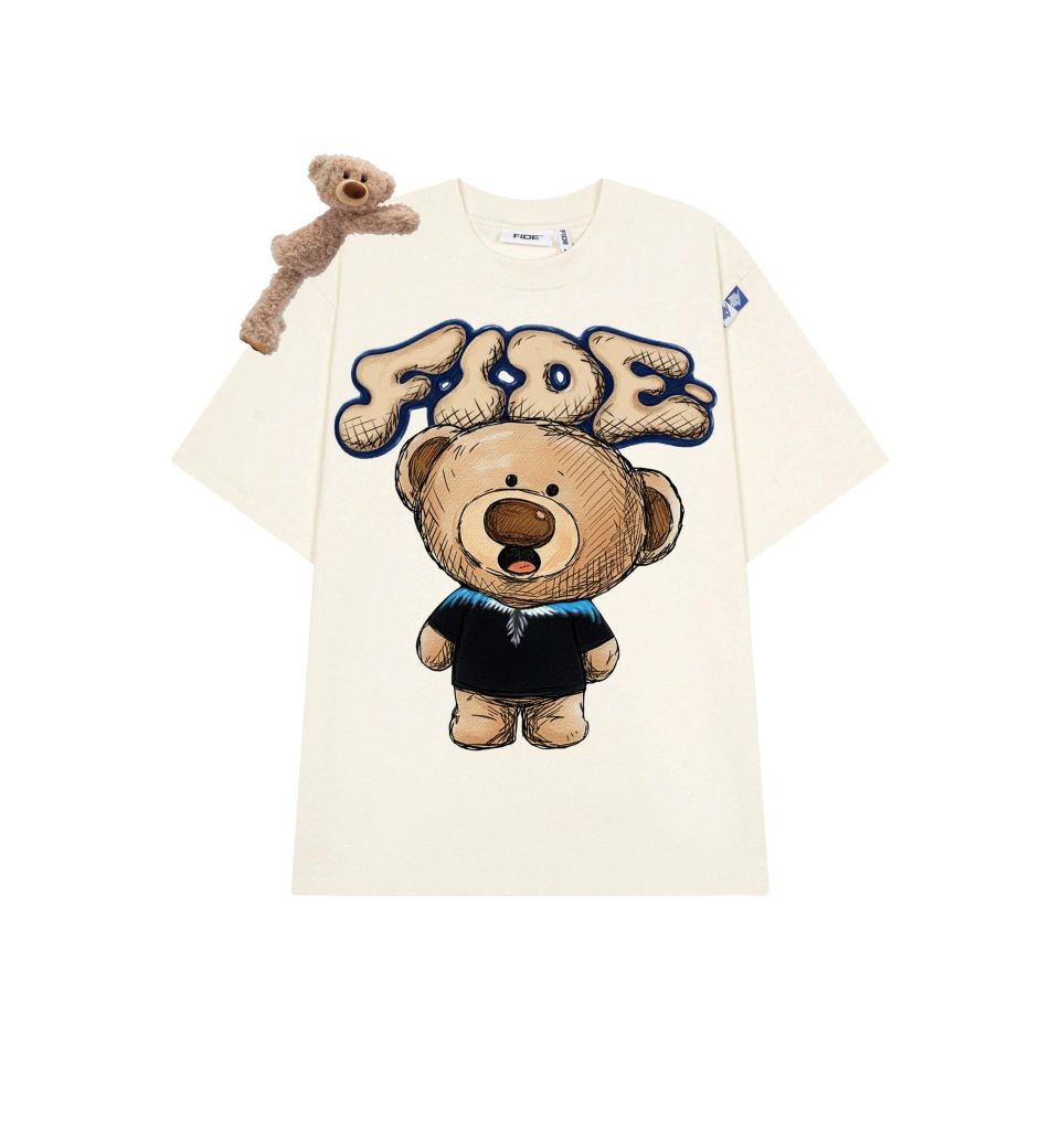 Áo thun FIDE TEEDY phông cotton unisex nam nữ form rộng cổ tròn áo đính gấu - AT254 (Kèm gấu)