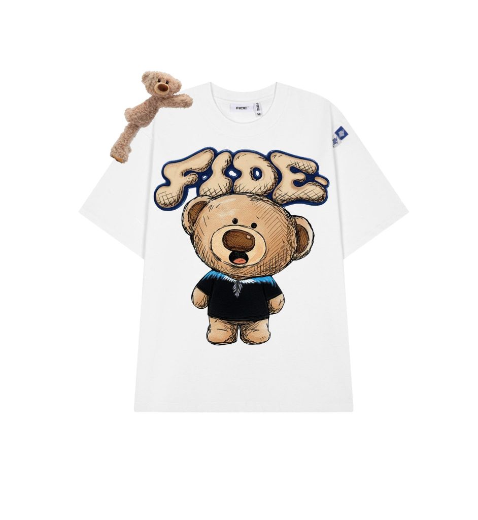 Áo thun FIDE TEEDY phông cotton unisex nam nữ form rộng cổ tròn áo đính gấu - AT254 (Kèm gấu)