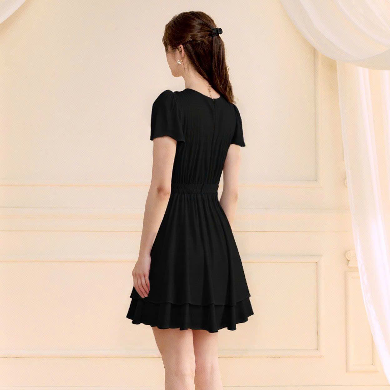  Đầm Ngắn Xếp Ly Eo Thắt Nơ 