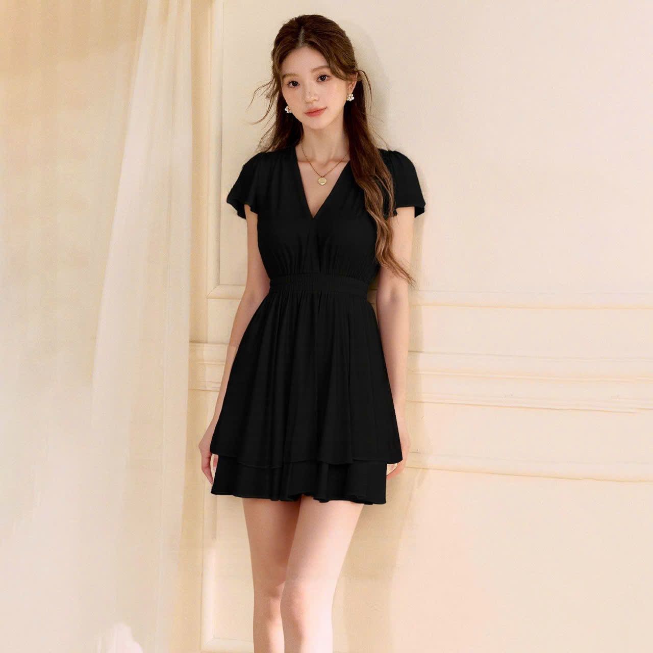  Váy Màu Trơn, Cổ V, Tay Áo Xếp Nếp 