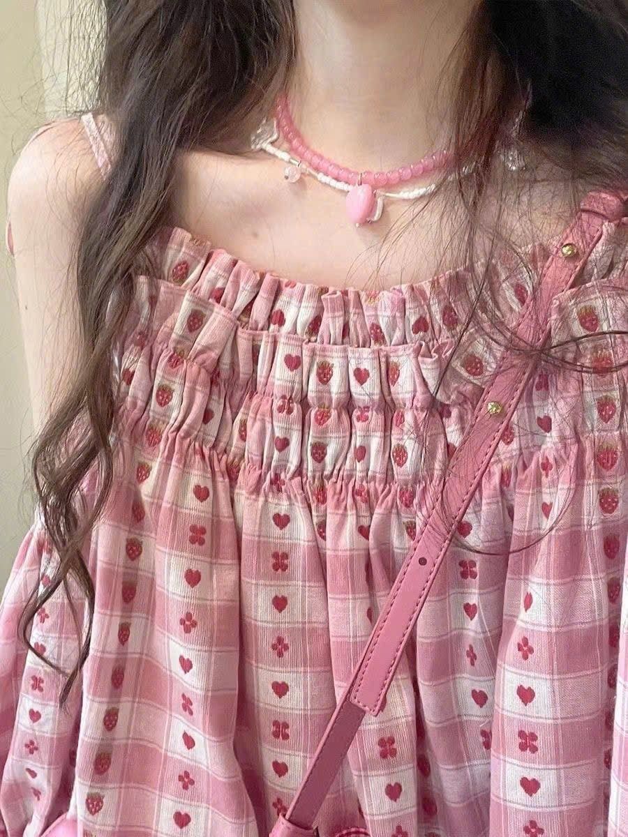  Set Đồ Hồng Dâu Áo Hai Dây Phối Tay Bồng Ren 