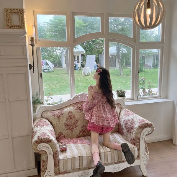  Set Đồ Hồng Dâu Áo Hai Dây Phối Tay Bồng Ren 