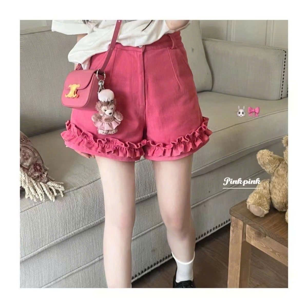  Set Đồ Hồng Dâu Áo Hai Dây Phối Tay Bồng Ren 