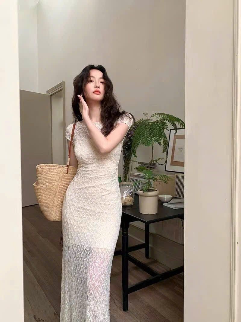  Váy Lưới Trắng Ôm Body Dáng Dài 