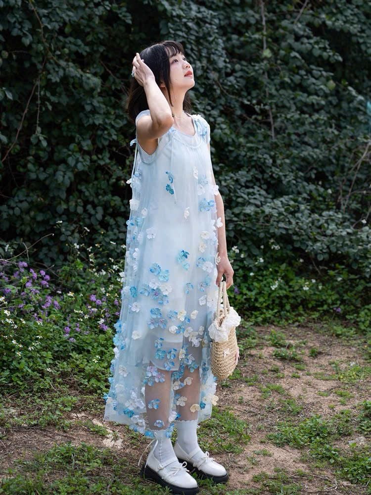  Đầm Vải Ren Thêu Màu Xanh Kết Hoa 