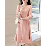  Đầm Xòe Hồng Cổ Thắt Nơ Phối Ren 