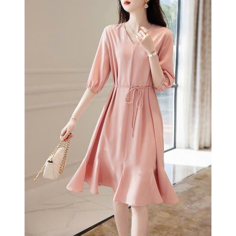  Đầm Xòe Hồng Cổ Thắt Nơ Phối Ren 