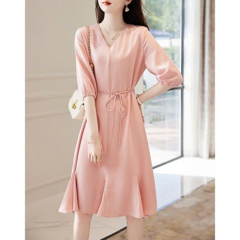  Đầm Xòe Hồng Cổ Thắt Nơ Phối Ren 