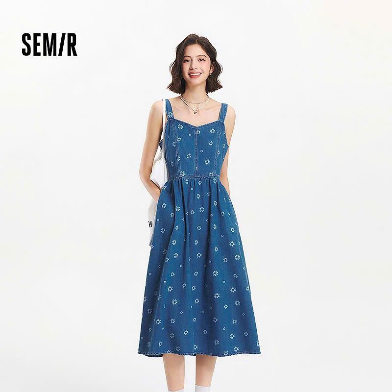  Đầm Hai Dây Midi Hoa Màu Xanh 