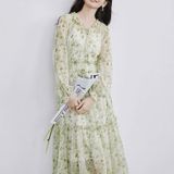  Đầm Liền Dài Tay Cổ V Nhún Ly 