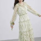  Đầm Liền Dài Tay Cổ V Nhún Ly 