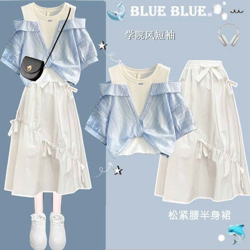 Set Áo Baby Doll Tay Phồng + Váy Nơ 