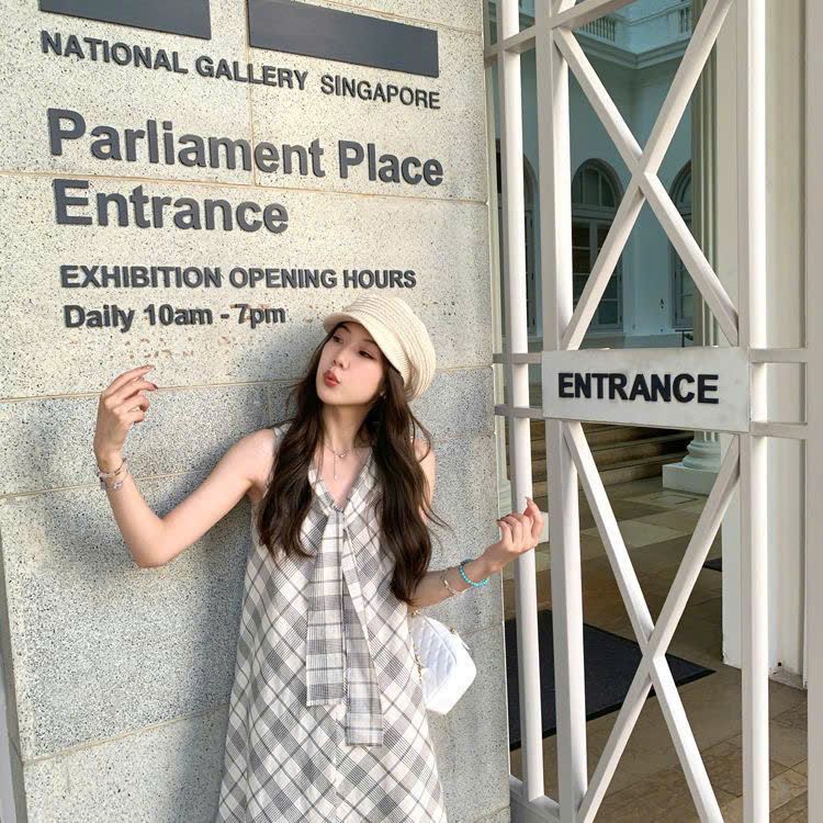  Đầm caro dáng chữ A phong cách Pháp 