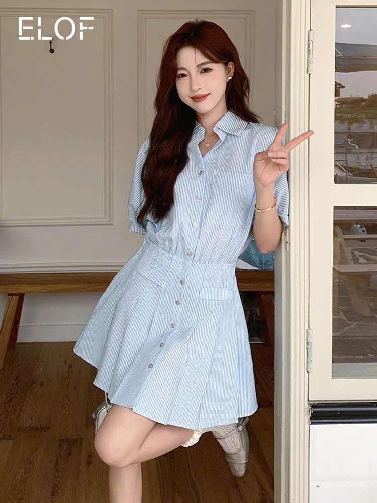  Đầm Nữ Tay Lỡ Kẻ Sọc Xếp Ly 