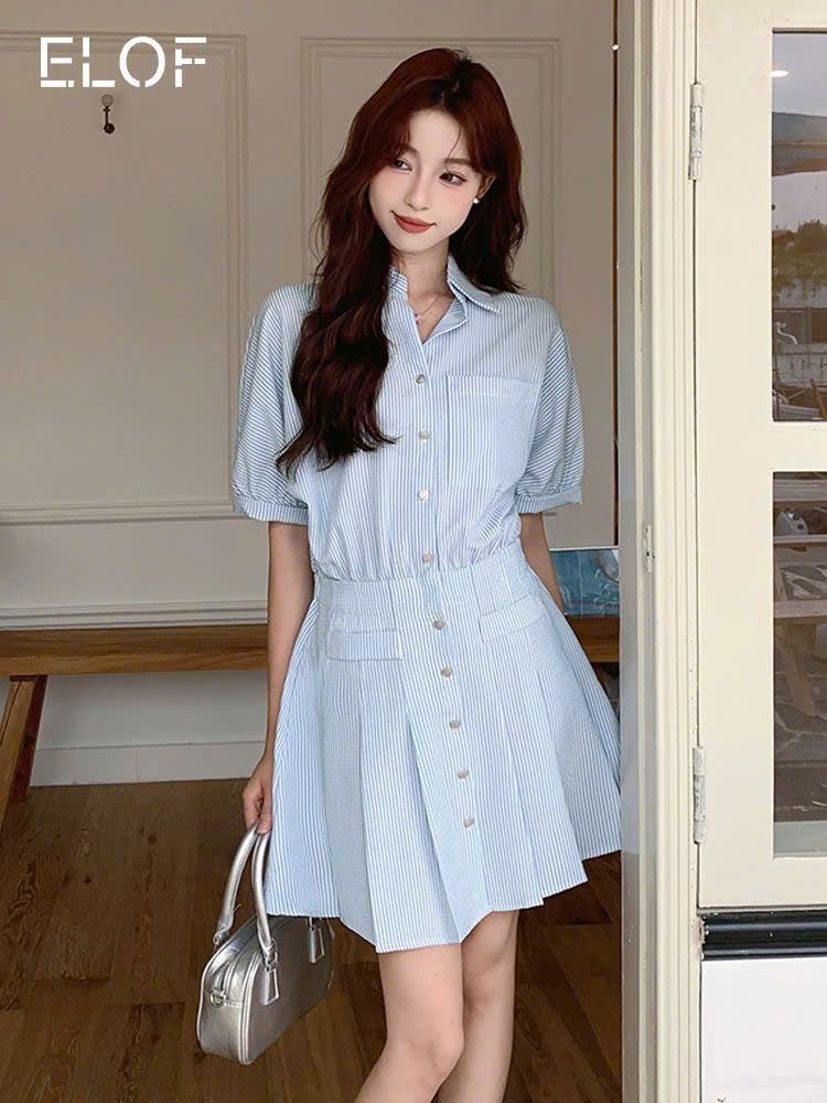  Đầm Nữ Tay Lỡ Kẻ Sọc Xếp Ly 