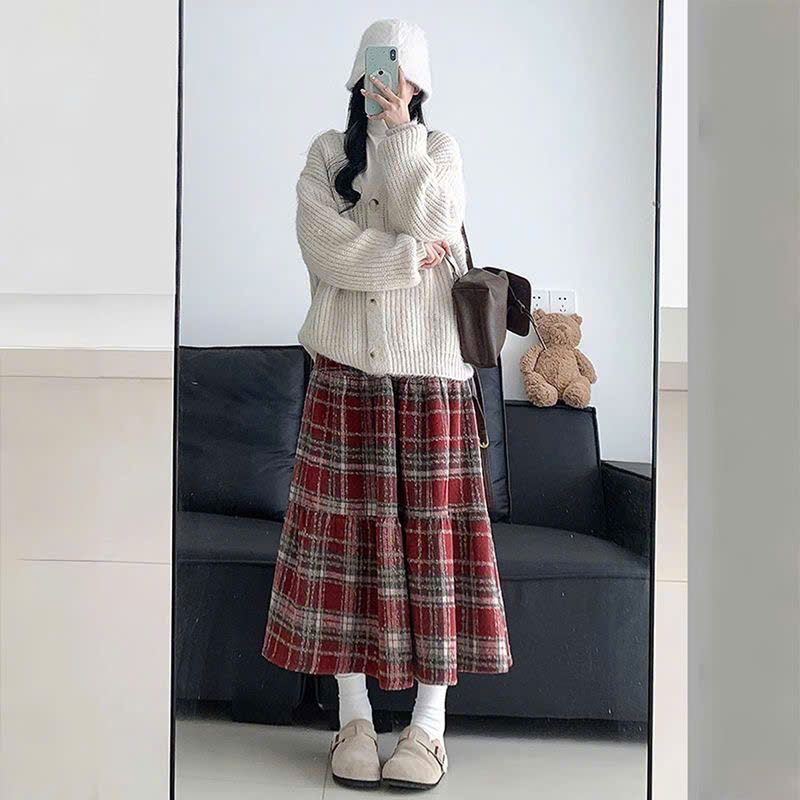  Chân Váy Dài Caro Lông Nhung 