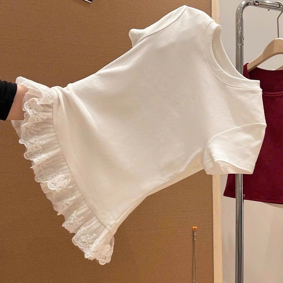  Áo Thun Ngắn Tay Ren Viền Cổ Tròn 