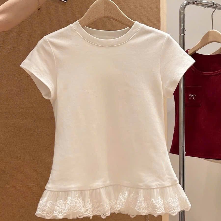  Áo Thun Ngắn Tay Ren Viền Cổ Tròn 