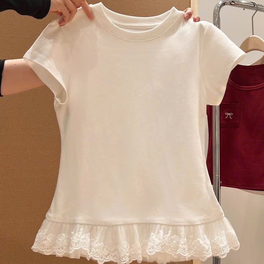  Áo Thun Ngắn Tay Ren Viền Cổ Tròn 