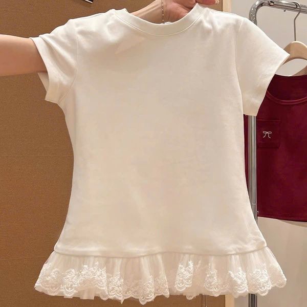  Áo Thun Ngắn Tay Ren Viền Cổ Tròn 