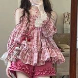  Set Đồ Hồng Dâu Áo Hai Dây Phối Tay Bồng Ren 